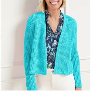 Talbots Petite Open Front Knit Cardigan Blue Cotton Blend SP